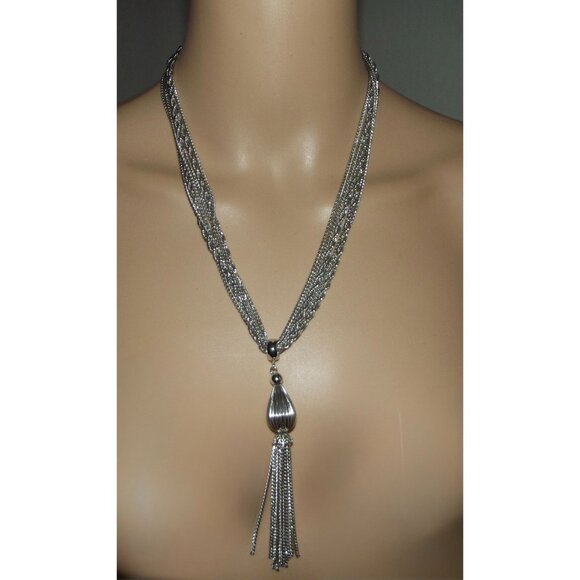 Vintage Necklace Multi Strand Silver Tone Chain 20" tassel pendant bulb - Picture 2 of 10